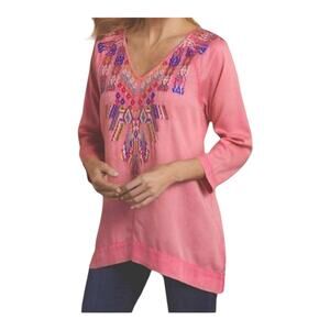 Soft Surroundings  Mixteca 3/4 Sleeve Embroidered Tunic Pink Multicolor Boho